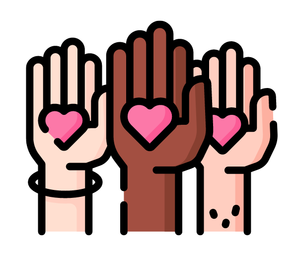 Three hands holding hearts.