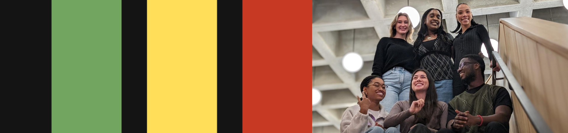 An image of some members of the virtual hub team on a staircase with the diasporic colours.