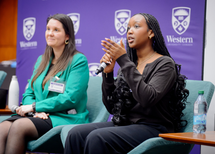 A photo of a student speaking during a Western BLUE panel event