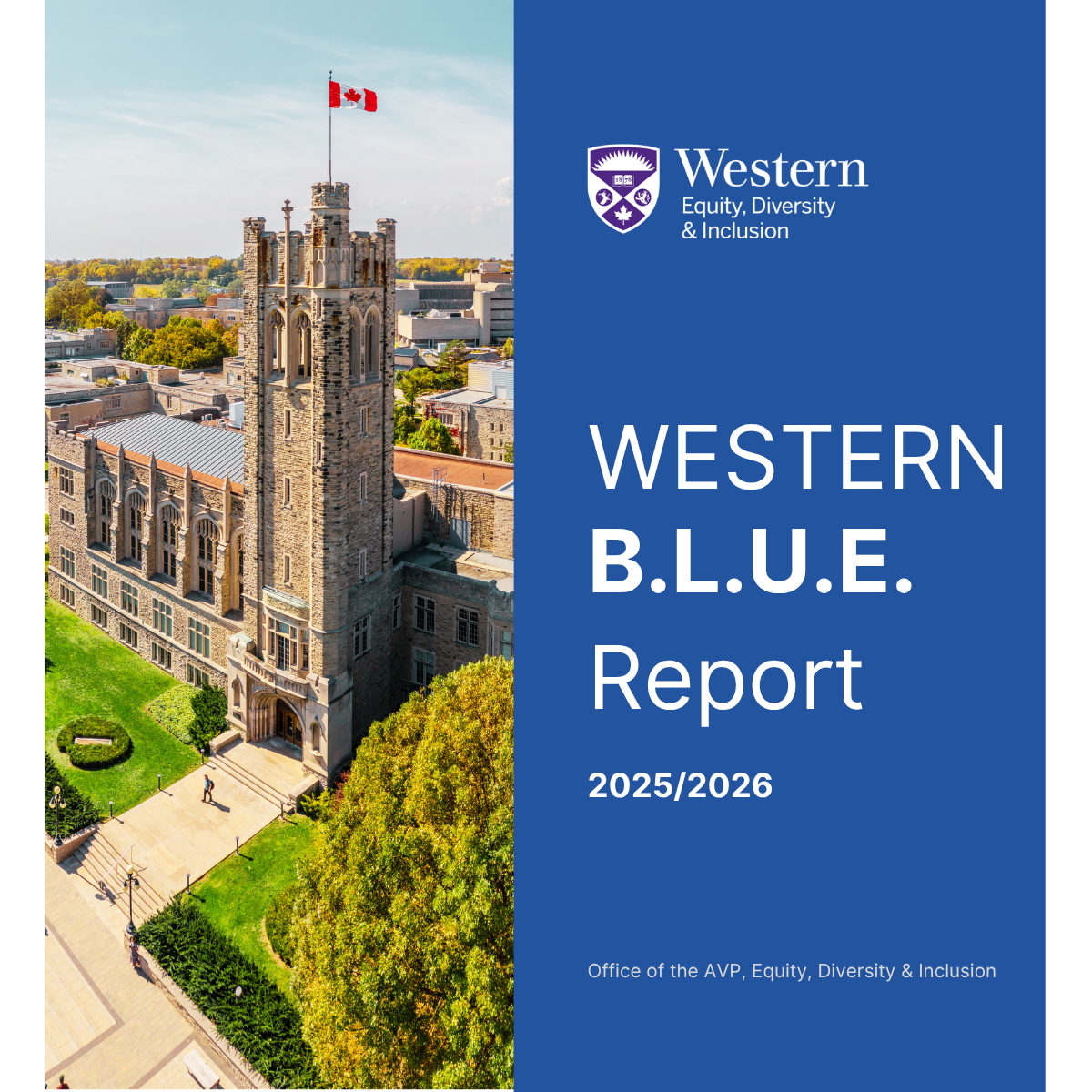 The cover of the Western BLUE Report, featuring the UWO campus and with blue branding