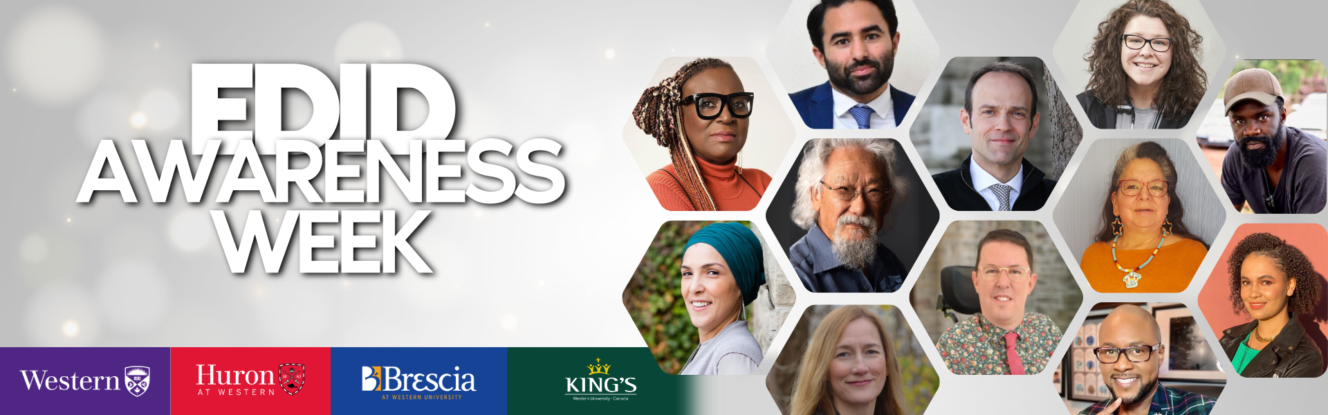 A web banner stating EDID Awareness Week on the left with a mosaic of the speakers on the left side. The bottom has the logos of Western, Huron, Brescia and King's