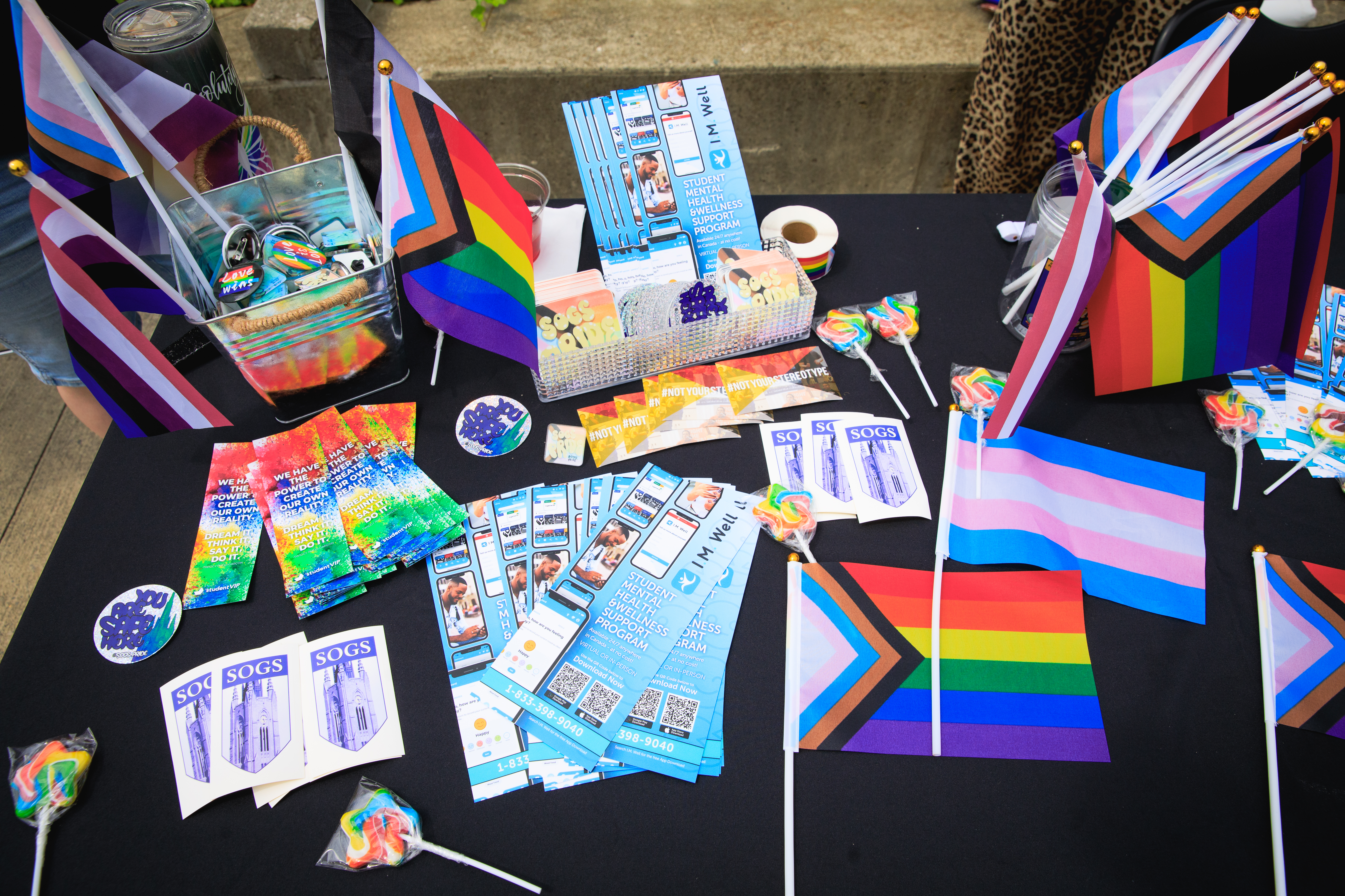 A photo of a purple resource table filled with Pride flags and brochures.