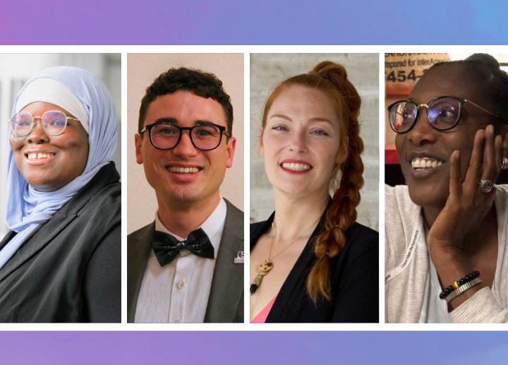 Headshots of four diverse faculty members smiling at the camera against a purple backdrop