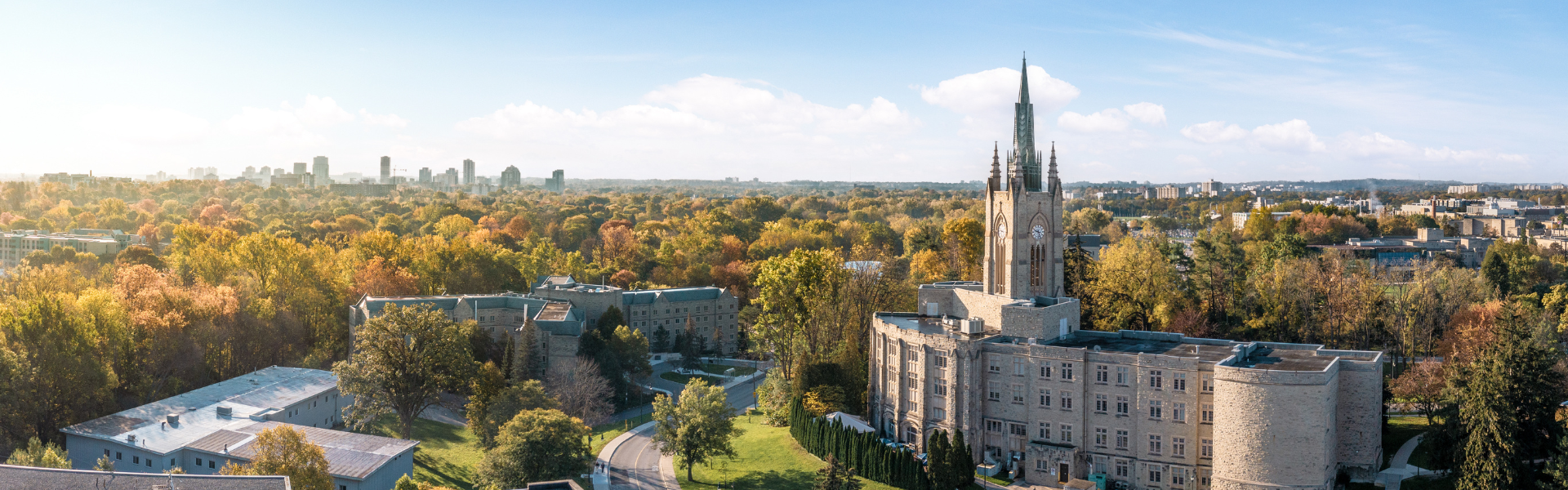 An aerial image of campus in the fall